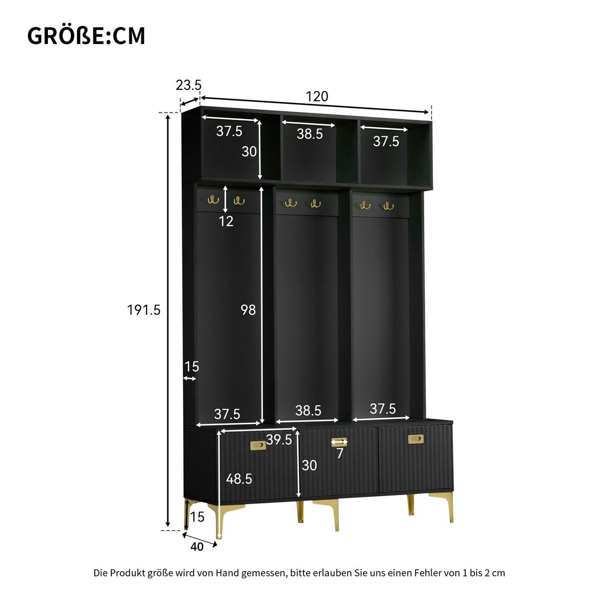GARDEROBE mit Türen und Schubladen, skandinavische Holzoptik, 120/40/80 cm, Schwarz - Schwarz, Holzwerkstoff (120/191.5/23.5cm) - Redom