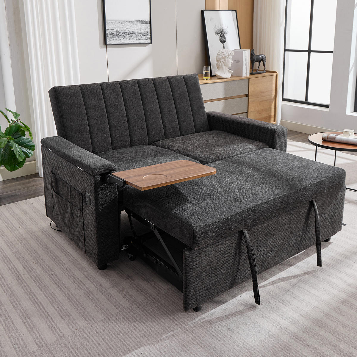 SCHLAFSOFA 140/84.5/84 cm Grau mit Klapptablett, USB & Type-C Ladeanschluss, Seitentaschen und Rollen - Grau, Textil (140/84/84.5cm) - Oxeza