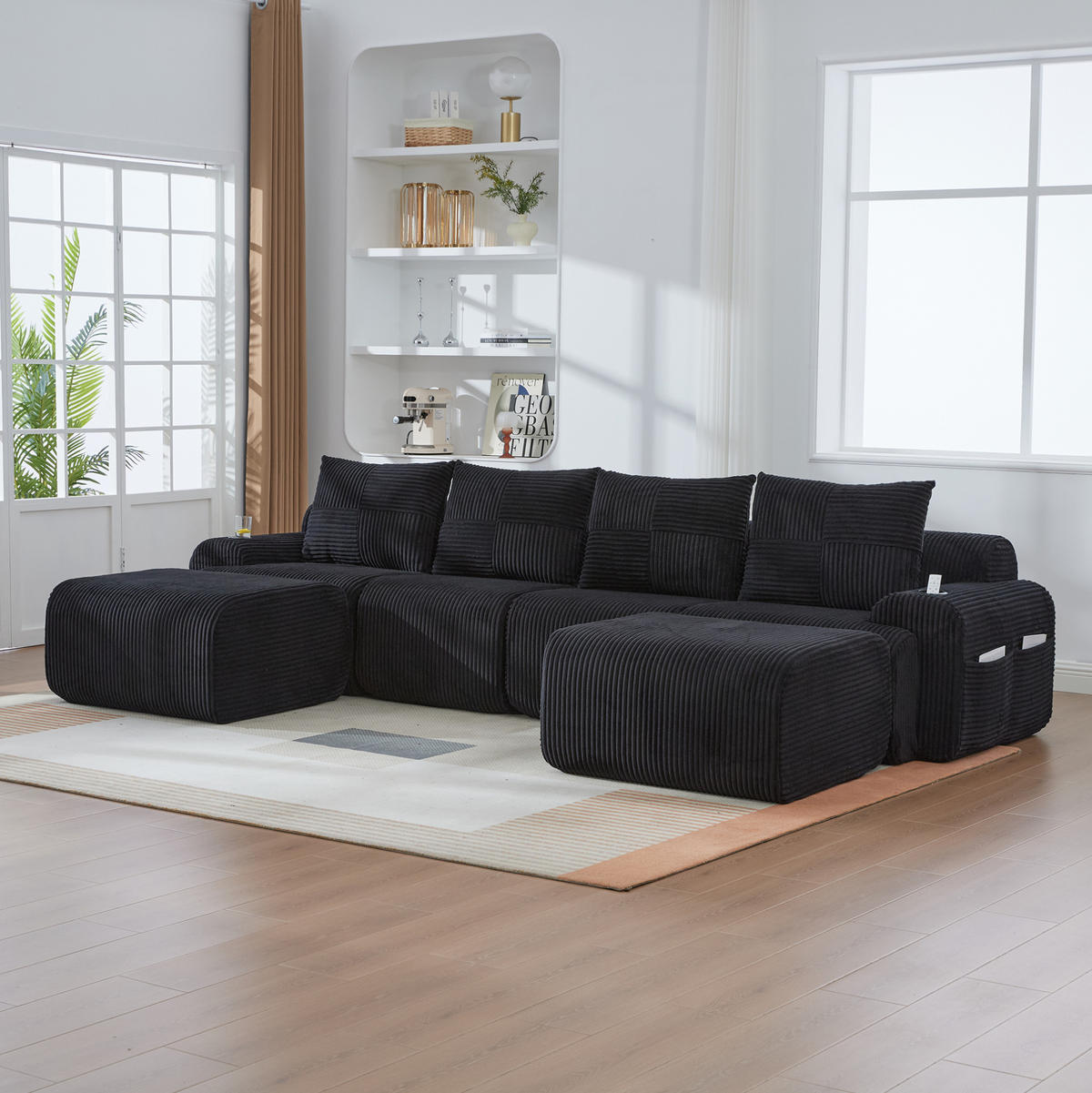 WOHNLANDSCHAFT Modulares Sofa 333/174/80 cm schwarz aus Cord mit Getränkehalter und Seitentasche - Schwarz, Textil (174/80/333cm) - Modenvie