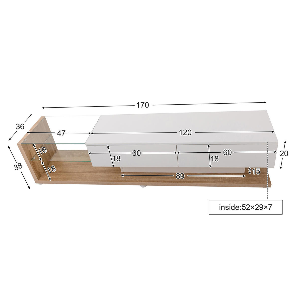 TV-LOWBOARD 170/36/38 cm mit 2 Schubladen und LED-Beleuchtung - Weiß, Holzwerkstoff (170/38/36cm) - BEAOK