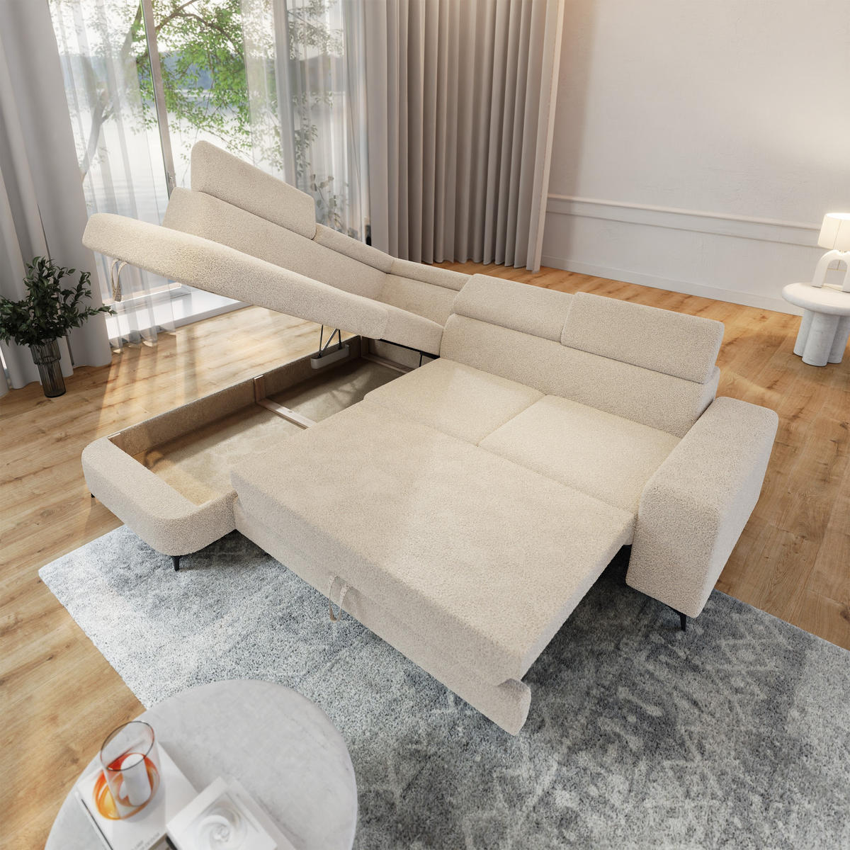 ECKSOFA ALVORO L-S Creme Boucle-Stoff mit Schlaffunktion - Creme, Holz (253/190cm) - MASSENO