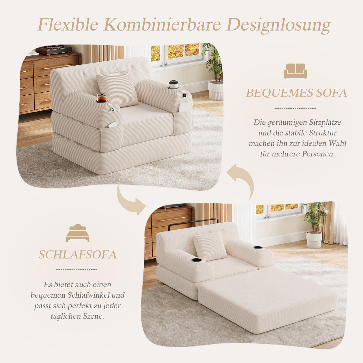 SCHLAFSESSEL Cord komprimiert, DE-42543, Beige - Beige, Metall (107/81/80cm) - ComfortXL