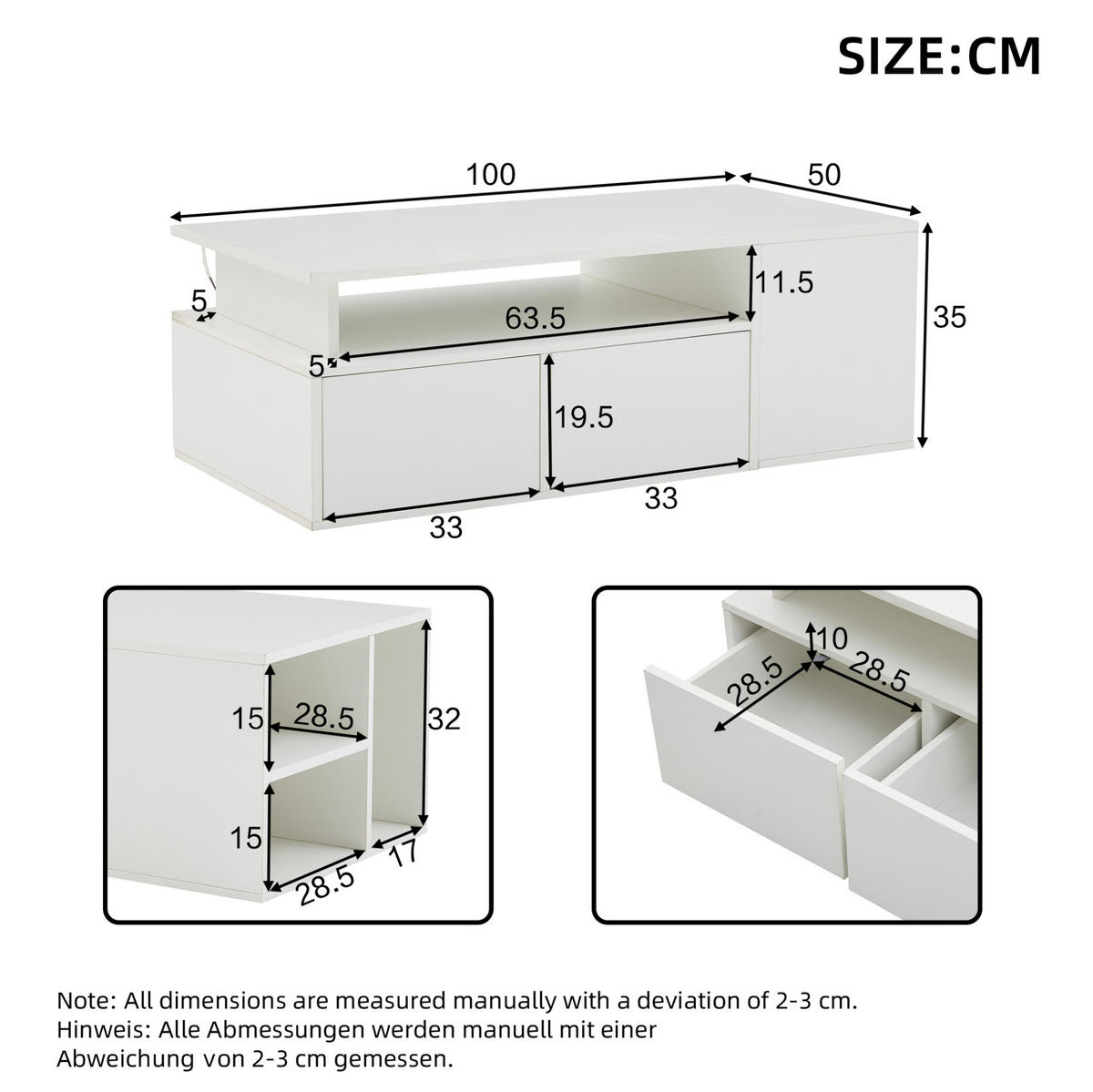 KONFERENČNÍ stolek z dřevotřísky, 100/50/35 cm bílý, s LED osvětlením a zásuvkami - bílá, kompozitní dřevo (100/50/35cm) - BEAOK