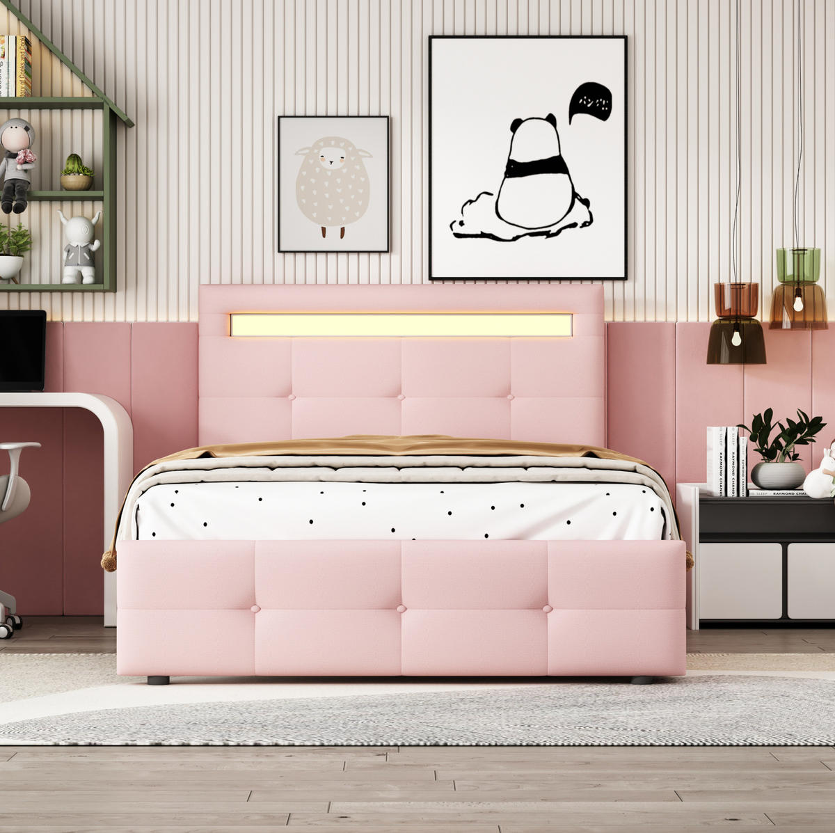 BETT mit LED und 2 Schubladen 90x200 cm Pink - Pink, Holz (90/200cm) - Meubliv