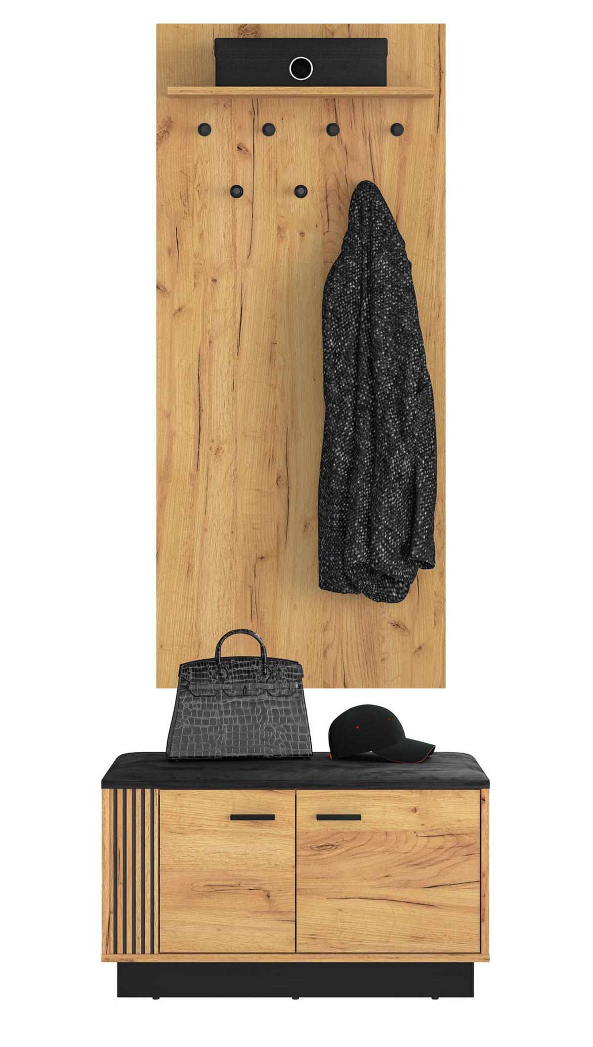 GARDEROBEN-SET Vasco Gold Craft Eiche / Schwarz 2-teilig - Eichefarben/Schwarz, Holzwerkstoff/Kunststoff (80/187/34cm) - Feldmann-Wohnen