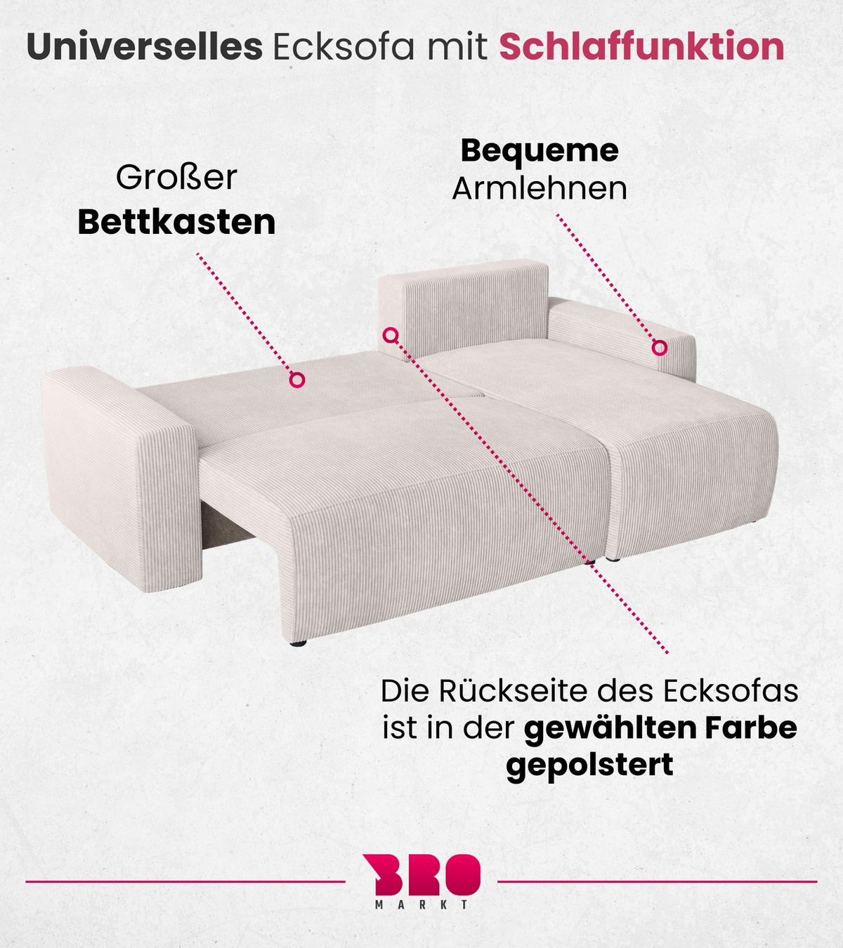 ECKSOFA PLUSH mit Schlaffunktion Weiß Cord - Weiß, Textil (240/145cm) - Bromarkt