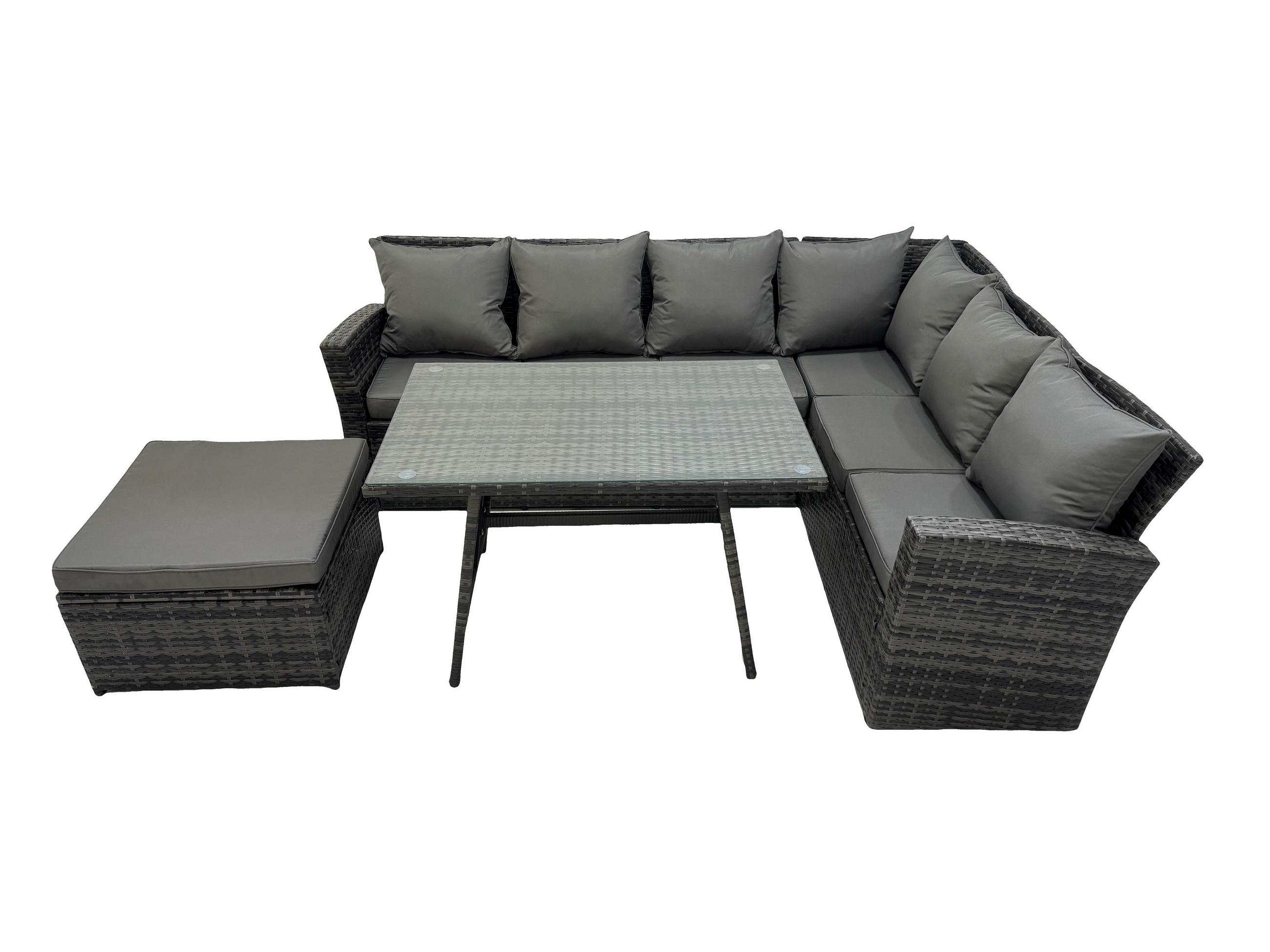 GARTENMÖBELSET mit ESSTISCH,HOCHLEHNER-SOFA Polyrattan Dunkelgrauer Mix 7-Sitzer - Dunkelgrau/Grau, Glas/Kunststoff - Fimous