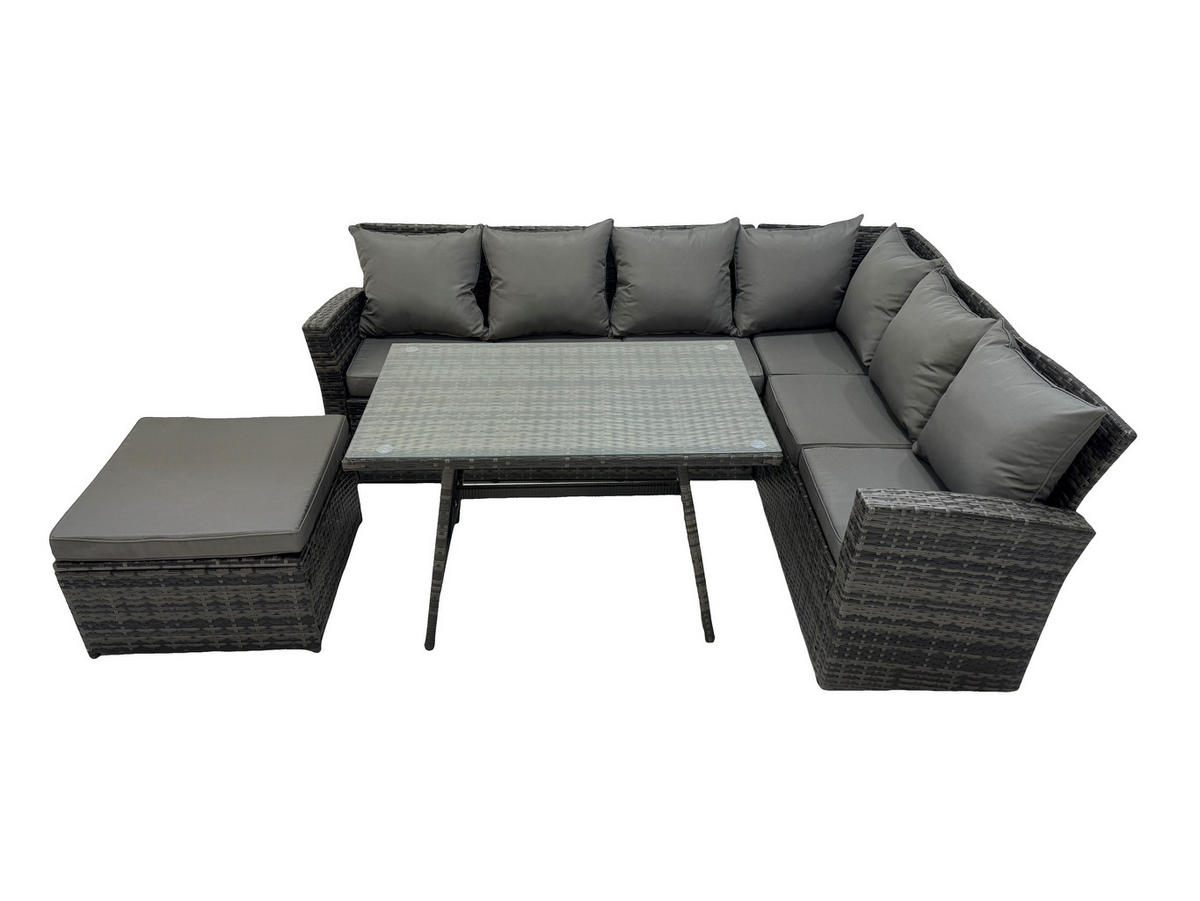 GARTENMÖBELSET mit ESSTISCH,HOCHLEHNER-SOFA Polyrattan Dunkelgrauer Mix 7-Sitzer - Dunkelgrau/Grau, Glas/Kunststoff - Fimous