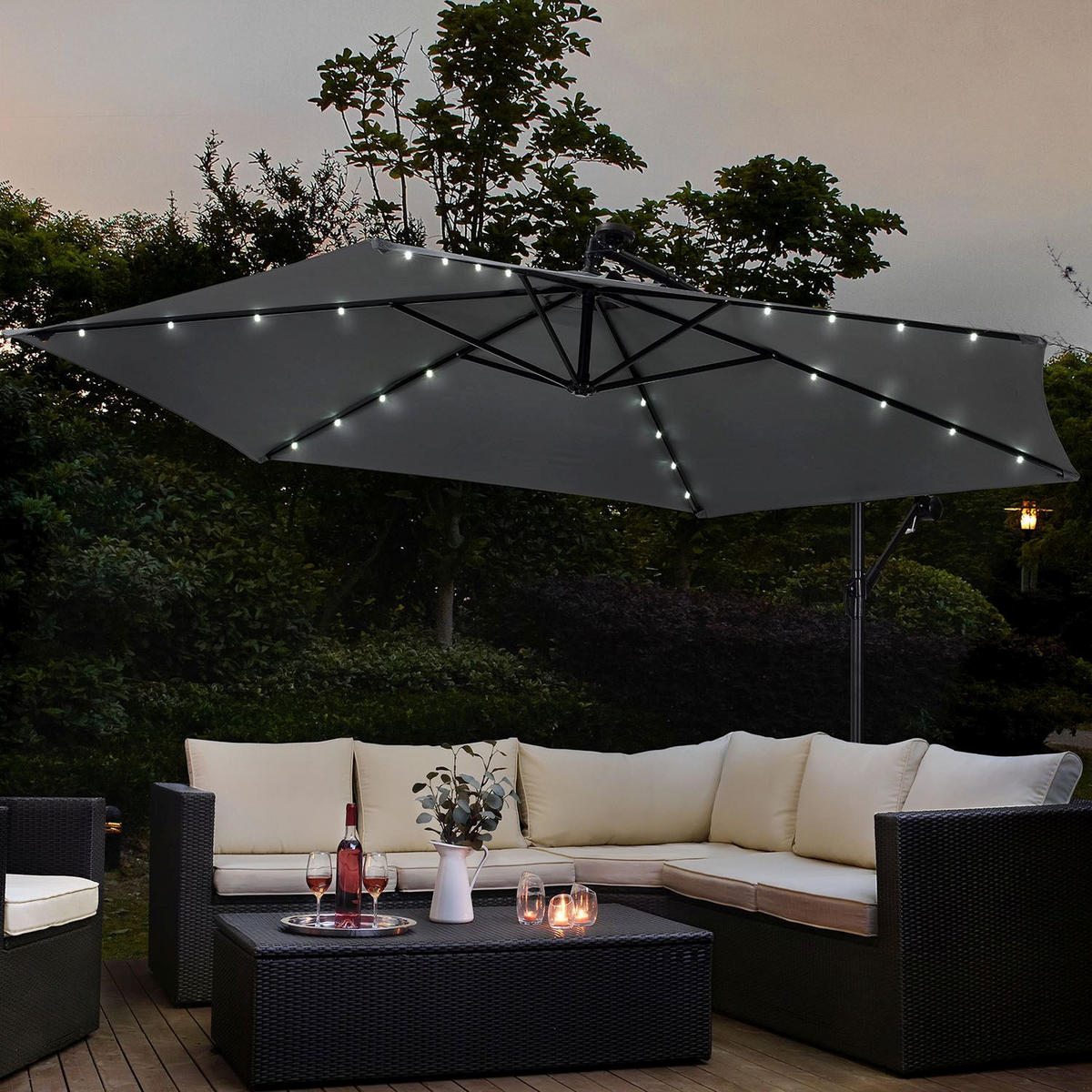 AMPELSCHIRM Brazil dunkelgrau 3,5m mit LED, Kurbel und Standfuß - Dunkelgrau, Metall (330/330cm) - Juskys