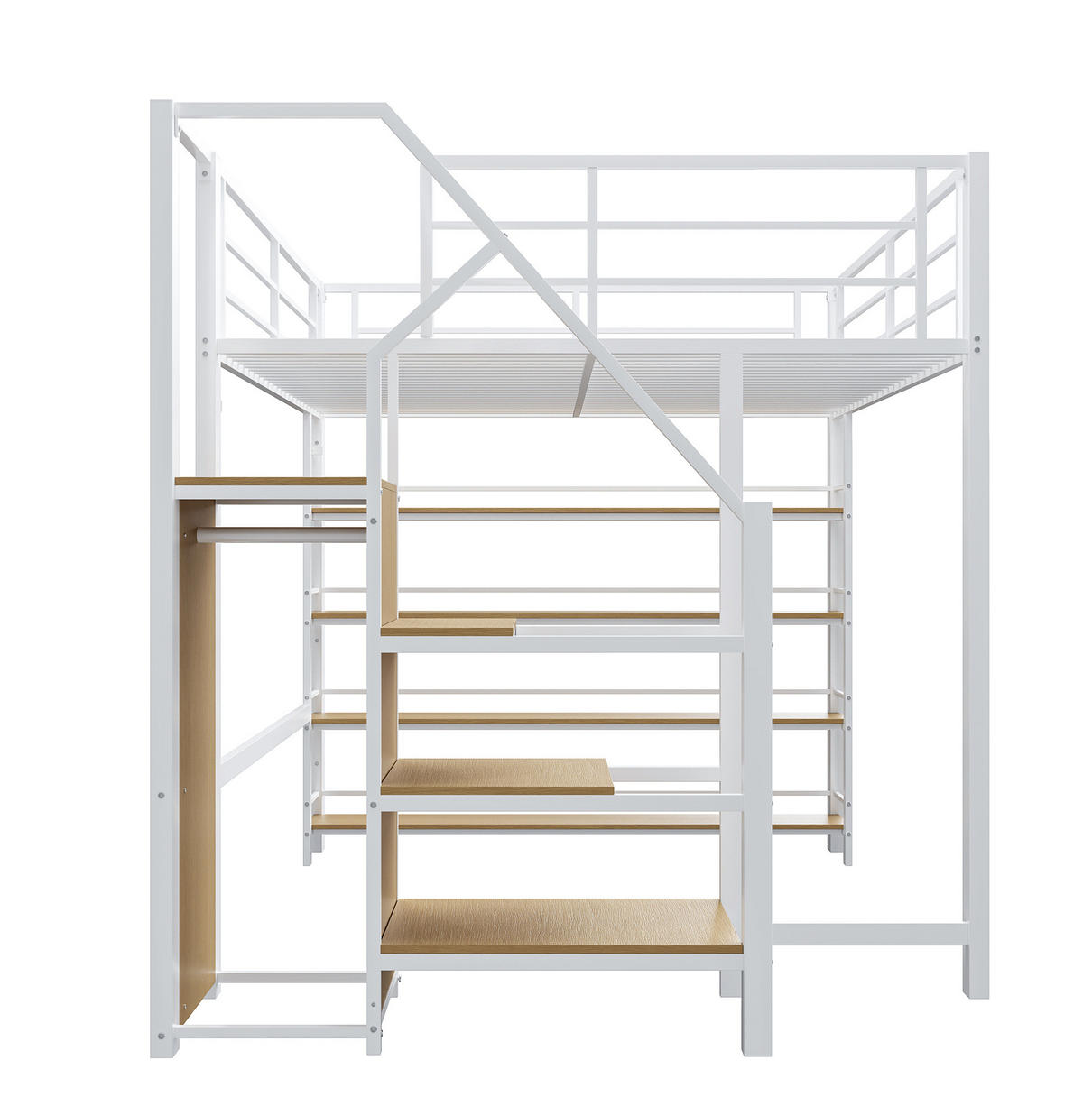 HOCHBETT 140/200 cm aus Metall und MDF mit Stauraumtreppe und Kleiderstange Weiß - Weiß, Metall (140/200cm) - Modenvie