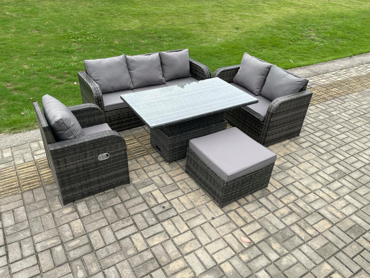 GARTENMÖBEL SET mit 3-Sitzer Sofa, Stuhl Höhenverstellbarer Esstisch 7-Sitzer Grau - Dunkelgrau/Grau, Glas/Kunststoff - Fimous