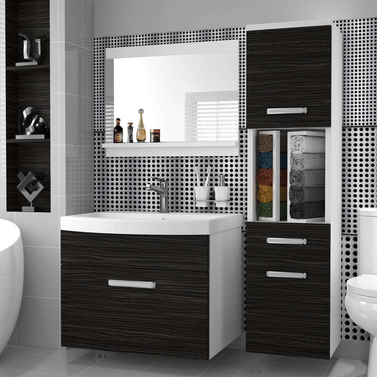 BADMÖBEL Badezimmer SET PRI M3, Ebenholz Matt, 90 cm - Schwarz, Holz (38.7/113.5/90cm) - B BELINI GROUP