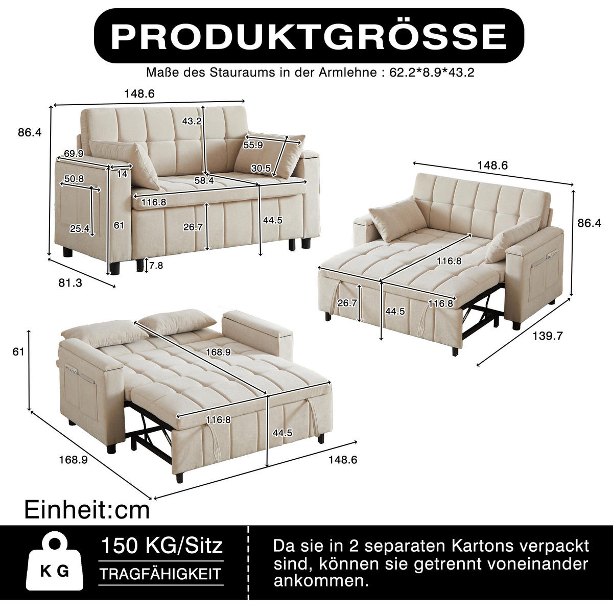 SCHLAFSOFA 157/51/70 cm cm in Leinenoptik Grau, ohne Armlehnen - Beige/Grau, Textil (81.3/86.4/148.6cm) - Oxeza