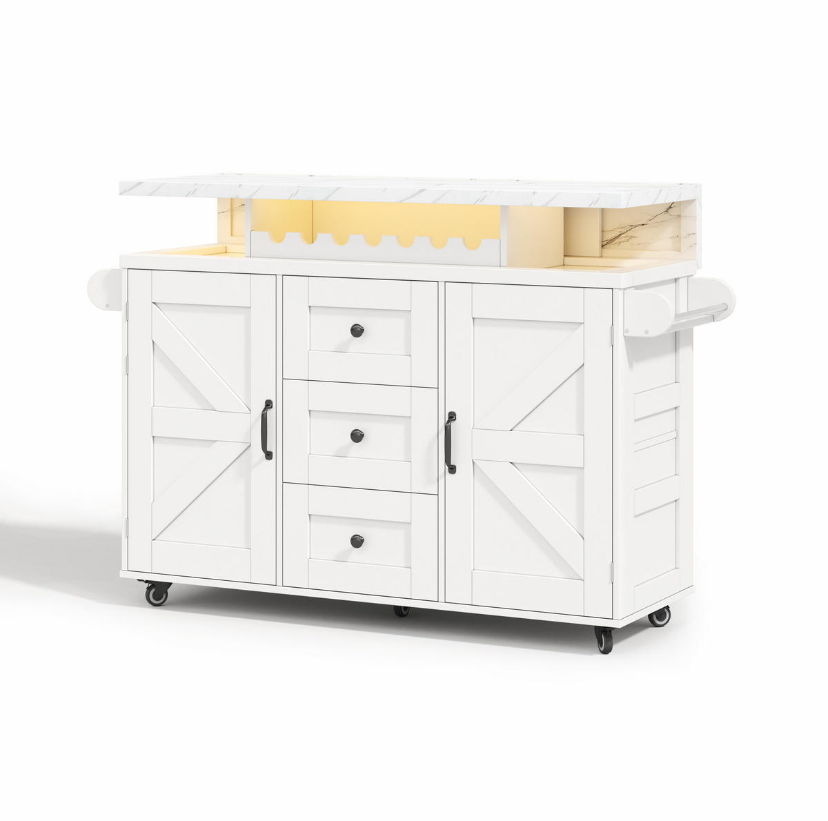 KÜCHENINSEL 138/60/93 cm mit klappbarer Arbeitsplatte, LED-Leiste, 5 Rollen und Stauraum, Weiß - Weiß, Holzwerkstoff (138/93/60cm) - Redom