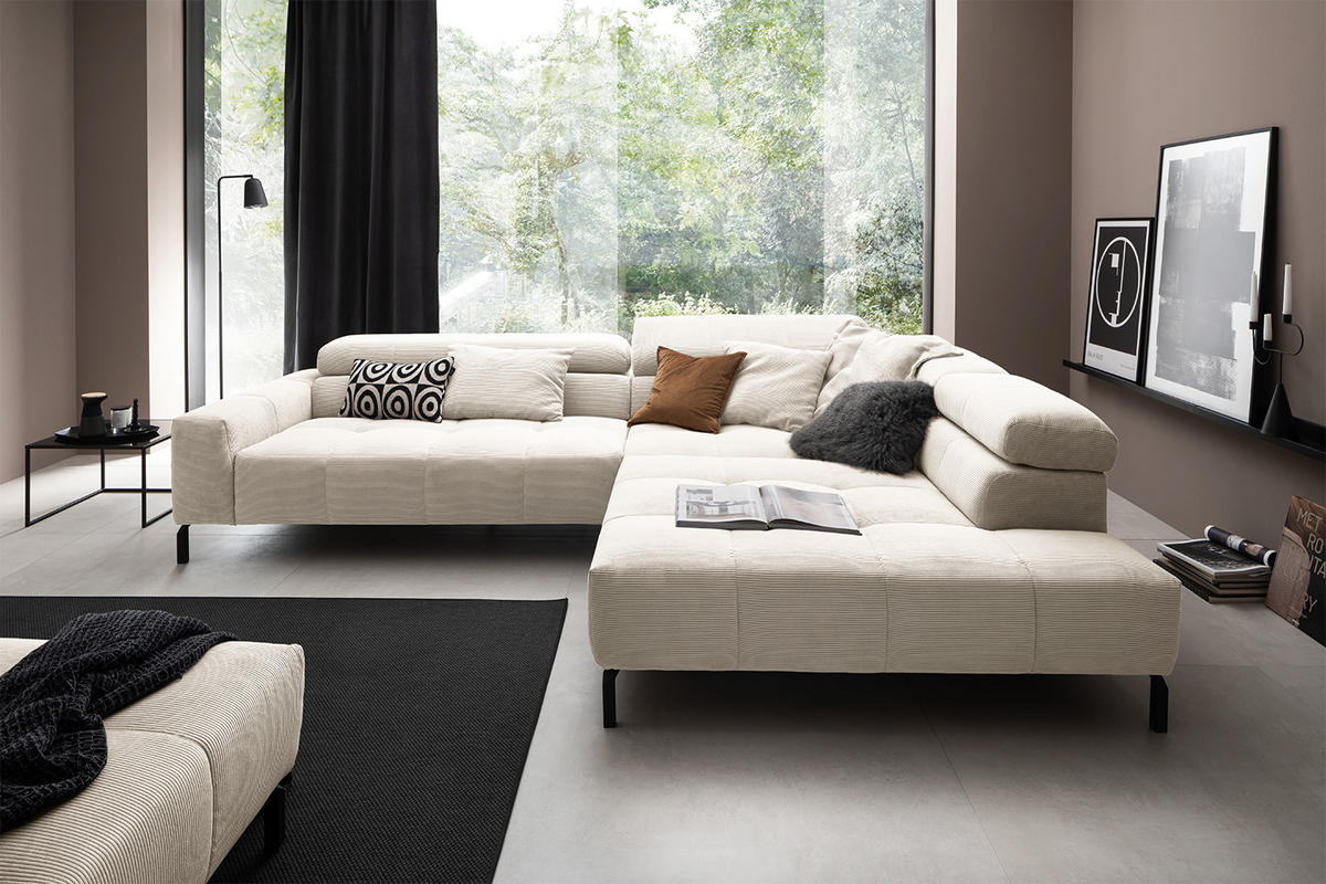 ECKSOFA MIT MOTORISCHEM SITZVORZUG OHIO Weiß Cord - Schwarz/Weiß, Textil/Metall (311/219cm) - KAWOLA