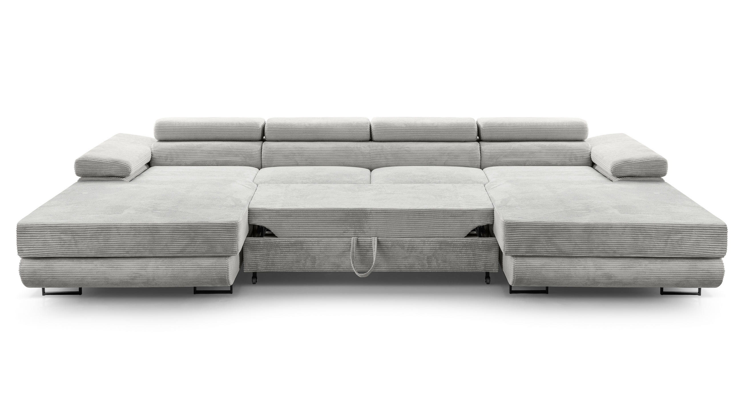 WOHNLANDSCHAFT Arborio Hellgrau 352/202/90 cm mit Schlaffunktion - Hellgrau/Schwarz, Textil/Metall (352/90/202cm) - AX Living