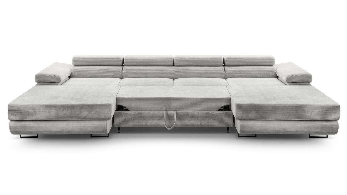 WOHNLANDSCHAFT Arborio Hellgrau 352/202/90 cm mit Schlaffunktion - Hellgrau/Schwarz, Textil/Metall (352/90/202cm) - AX Living
