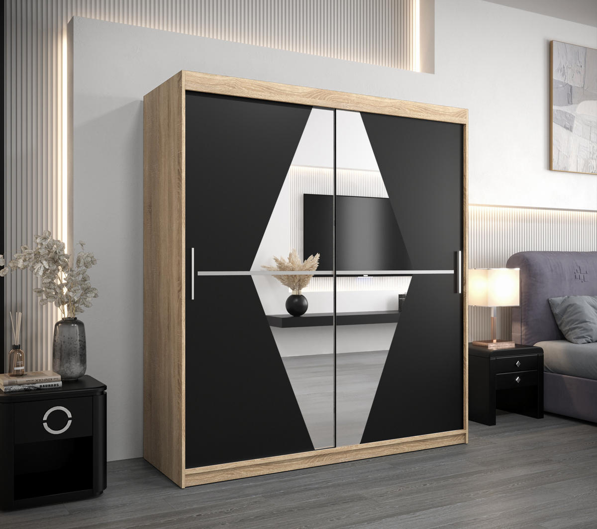 SCHWEBETÜRENSCHRANK 200/180/62 2-türig - Silberfarben/Schwarz, Holz/Kunststoff (180/200/62cm) - Abiks Möbel