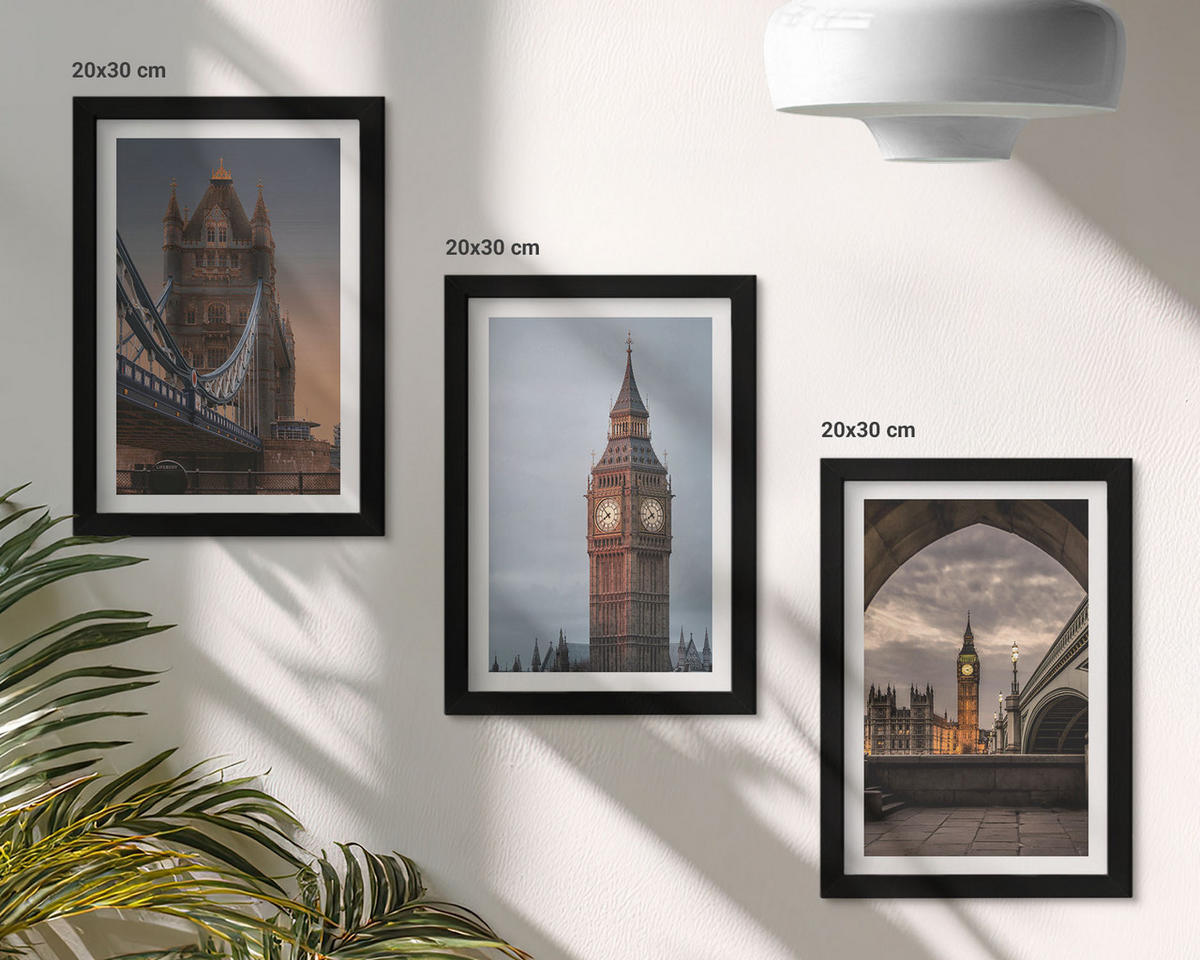 WANDBILDER 3er-Set - 20x30 cm Schwarzer Rahmen - London Bridge Big Ben Uhr - Schwarz, Kunststoff (20/30cm) - ArtPrintCave