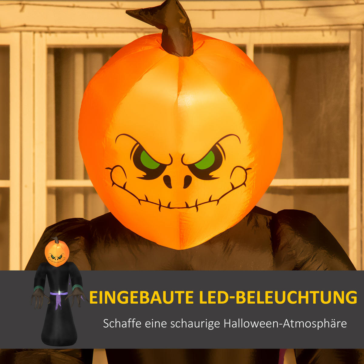 HALLOWEEN AUFBLASBARER KÜRBIS, Orange und Schwarz, Polyestergewebe - Orange, Kunststoff (66/210/110cm) - HOMCOM