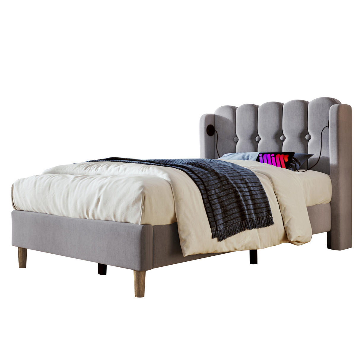 POLSTERBETT 90/200 cm Grau mit USB- und Type-C-Anschlüssen, Leinenbezug - Grau, Textil (90/200cm) - Flora Grace
