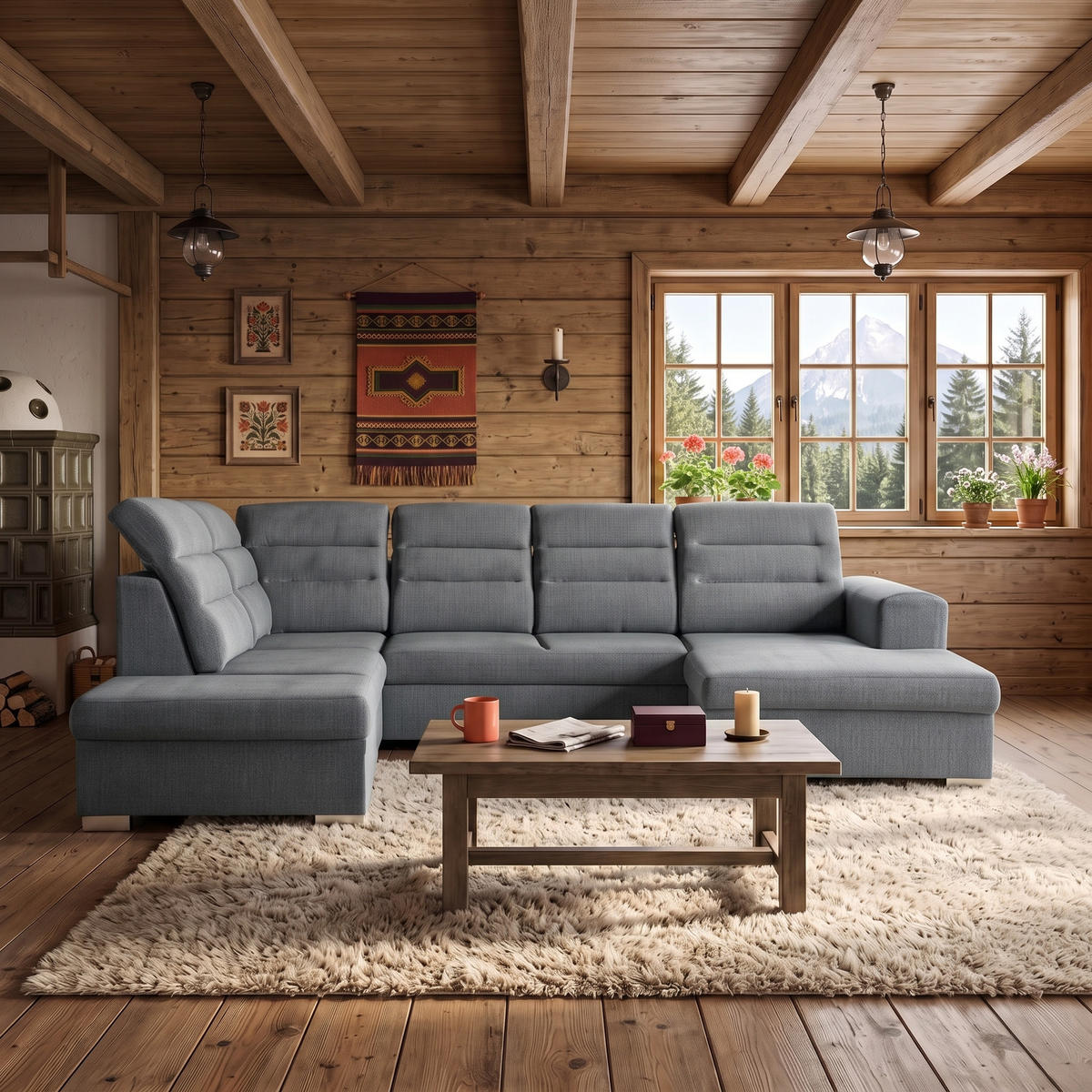 ECKSOFA U-Form CLOUD U Links mit Schlaffunktion 120x252 Velours Grau - Silberfarben/Grau, Holz/Kunststoff (320/103/202cm) - Muffo