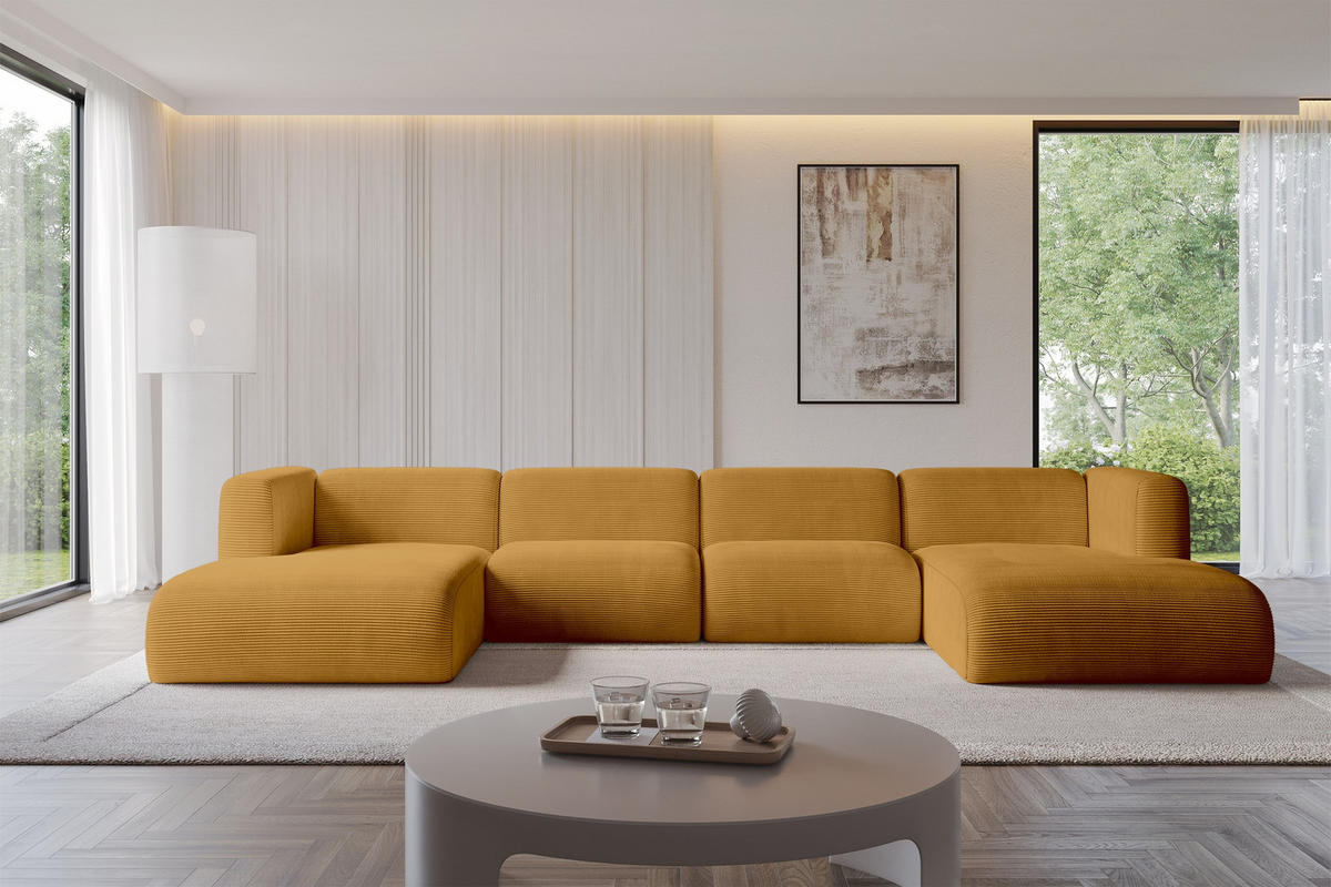 WOHNLANDSCHAFT MIRA-U2 408x179x70 Senfgelb Cord - Currygelb/Schwarz, Holzwerkstoff/Kunststoff (408/70/179cm) - ALTDECOR