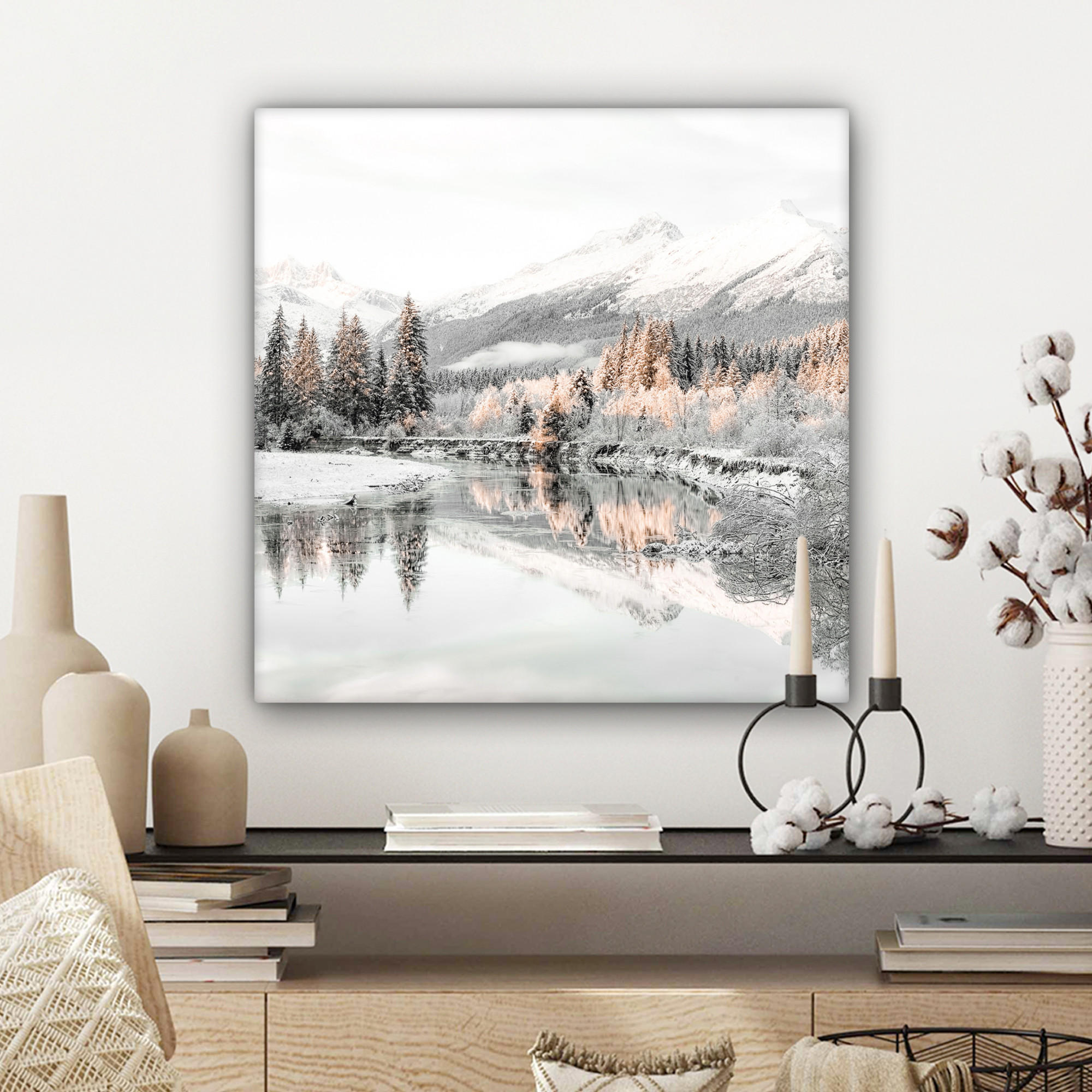 LEINWANDBILD Natur - Winter - Bäume - Berge - Schnee 50x50 cm - Weiß Hochglanz, Textil (50/50cm) - MuchoWow