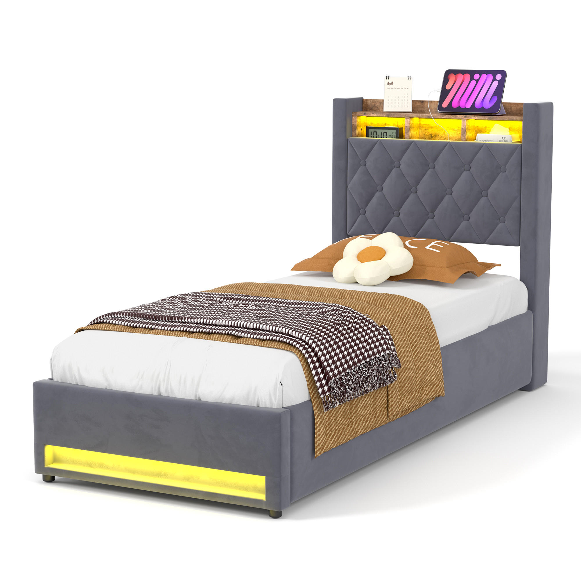 POLSTERBETT 90/200 cm mit Bettkasten und Steckdose Boxspringbett mit USB und LED-Licht Stauraumbett ohne Matratze - Grau, Holzwerkstoff/Textil (90/200cm) - STILVORA