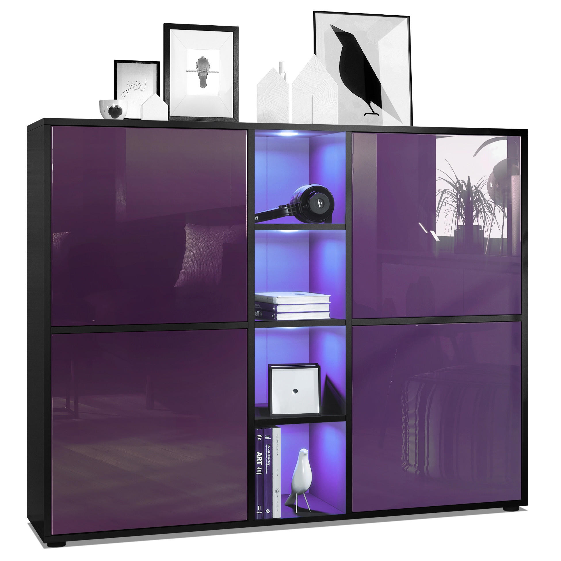 HIGHBOARD Cuba Türen in Brombeer Hochglanz - Brombeere, Holzwerkstoff (130.5/105.5/35.5cm) - Vladon