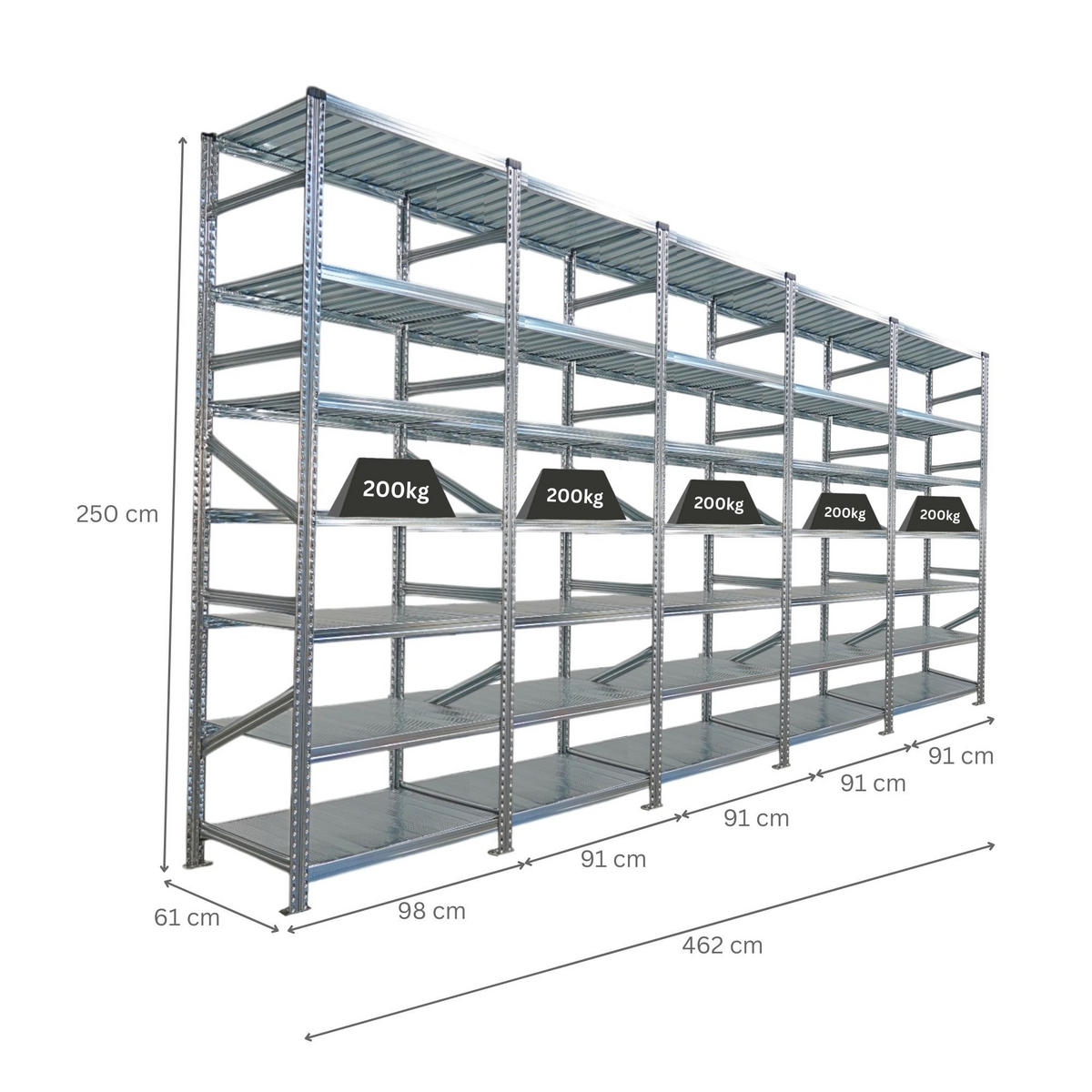 FACHBODENREGAL Proximo Stecksystem 250x450x60cm 7 Ebenen Beidseitig nutzbar Verzinkt - Silberfarben, Metall (450/250/60cm) - PROREGAL