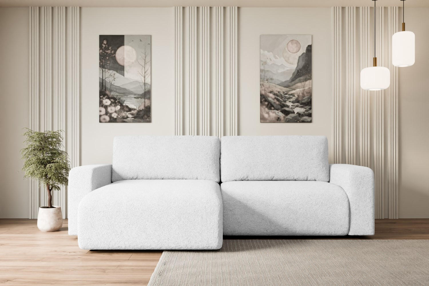 ECKSOFA mit Schlaffunktion und Bettkasten KLEEA-L - 247x143x83 cm Weiß Bouclé - Schwarz/Weiß, Holzwerkstoff/Kunststoff (247/143cm) - ALTDECOR