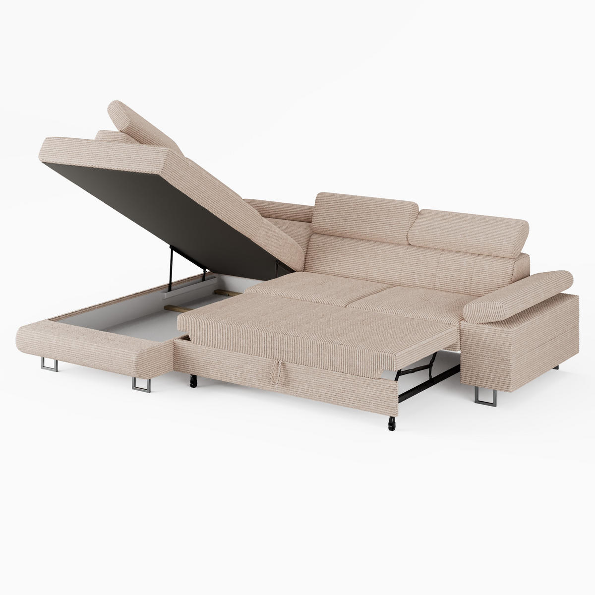 ECKSOFA CAROLINE Links Rosa Cord-Stoff L-Form Couch mit Schlaffunktion & Bettkasten - Chromfarben/Pink, Textil (253/190cm)