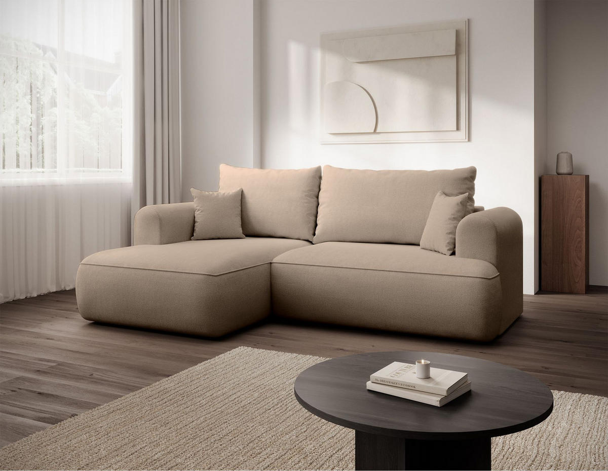ECKSCHLAFSOFA Ovo Mini Beige Easy-Clean-Chenille-Bezug - Beige/Schwarz, Kunststoff/Textil (238/156cm) - Selsey