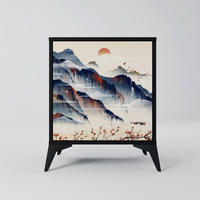 SIDEBOARD JAPANESE LANDSCAPE, Schwarz, 57,5x42x70,5 cm, Schwarze Metall-Sternfüße - Multicolor/Schwarz, Holzwerkstoff/Metall (57.5/70.5/42cm) - SpaceRebels