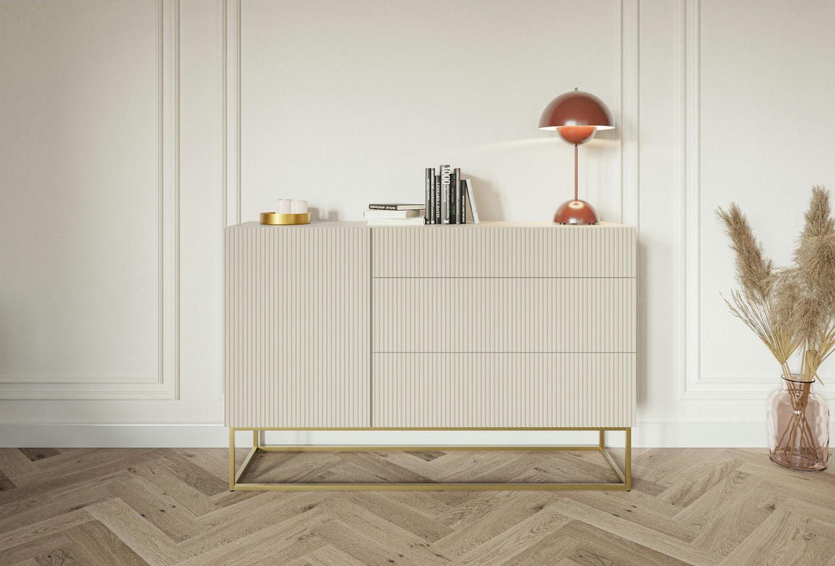 SIDEBOARD Veldio Greige mit 3 Schubladen 140 cm - Taupe/Goldfarben, Holzwerkstoff/Metall (140/90/38cm) - Selsey