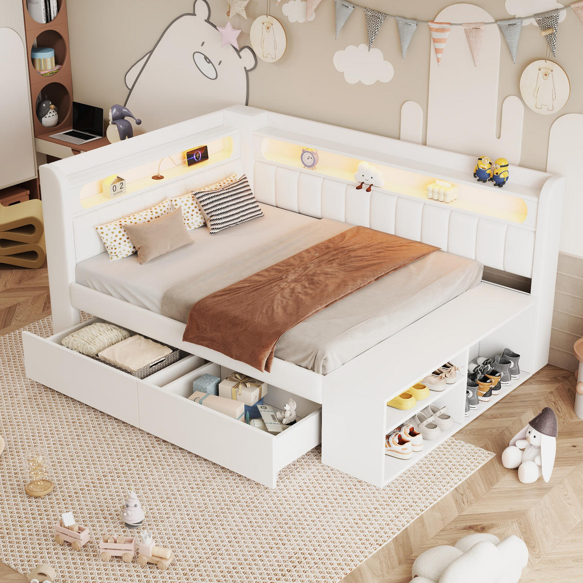 TAGESBETT mit USB und LED 90x200 cm Weiß mit Schuhschrank - Weiß, Holz (90/200cm) - Meubliv