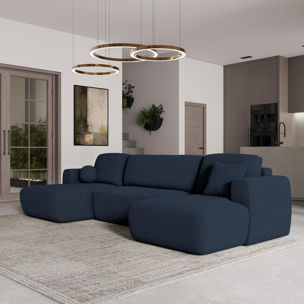 WOHNLANDSCHAFT SENTUM N Blau Boucle-Stoff mit Schlaffunktion - Blau, Holz (330/90/148cm) - MASSENO