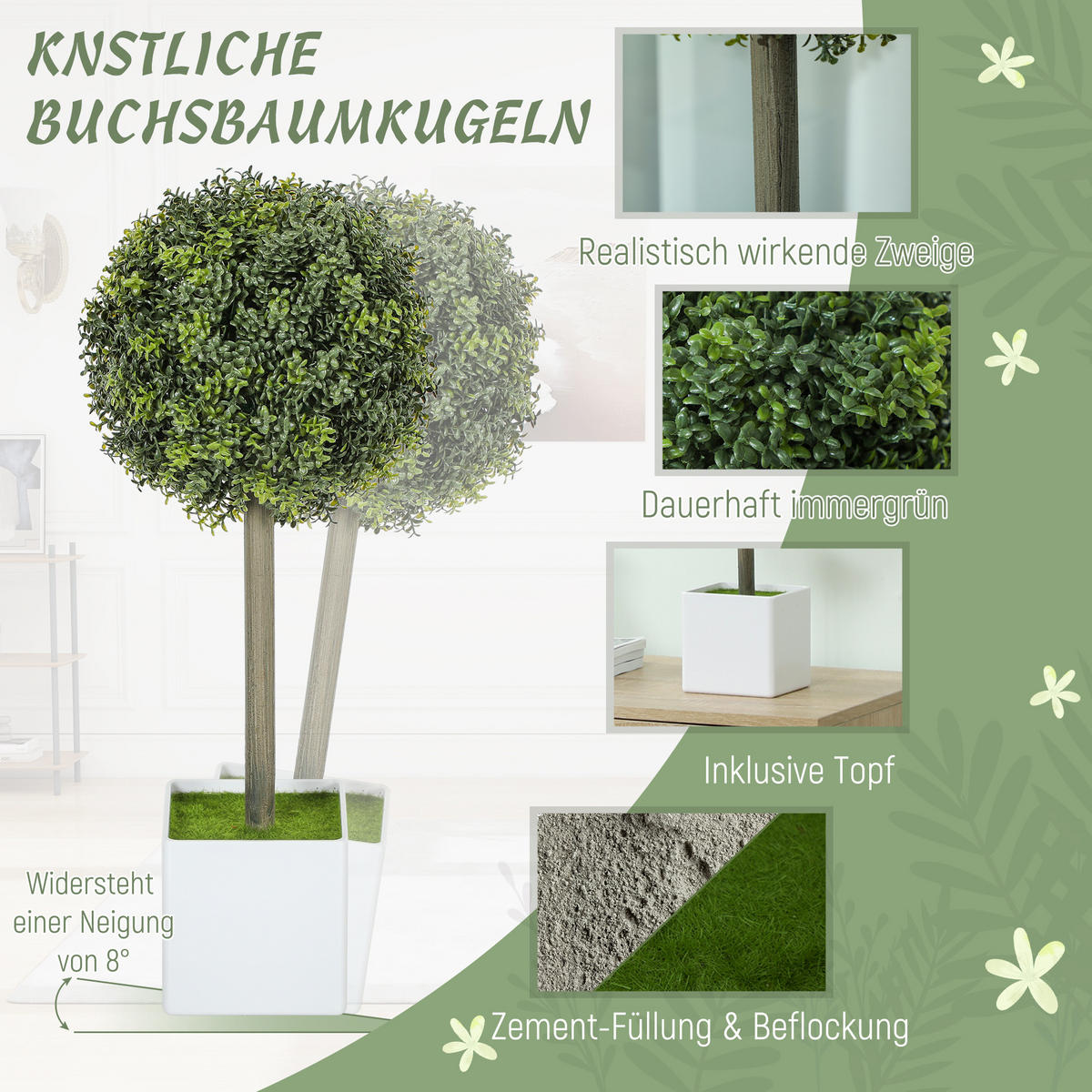 2ER Set Künstliche Buchsbaum-Formschnittkugeln 45cm Kunstpflanze, Plastik - Weiß/Grün, Kunststoff (45cm) - HOMCOM