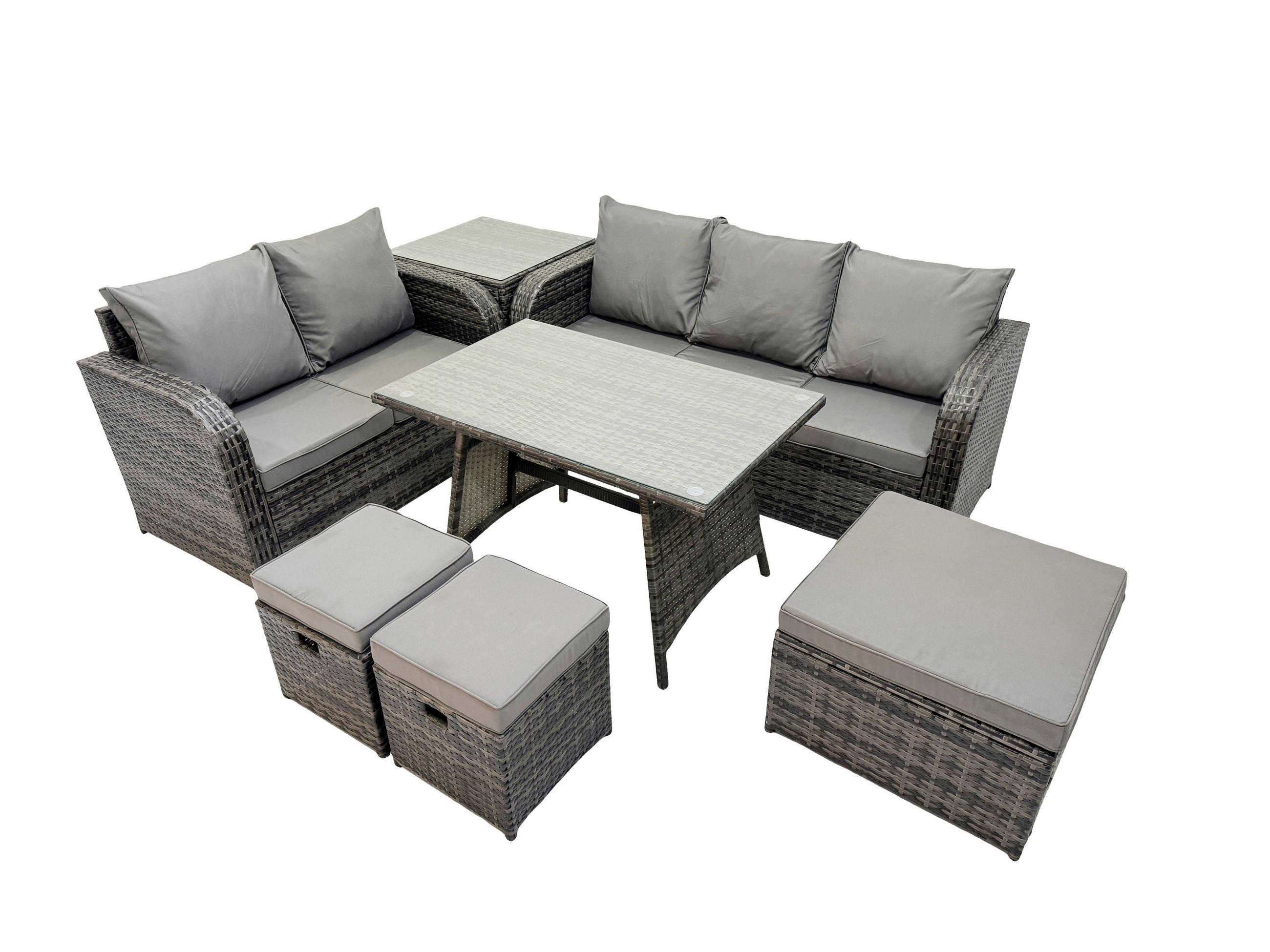GARTENMÖBELSET mit ESSTISCH,SOFA Polyrattan 8-Sitzer - Dunkelgrau/Grau, Glas/Kunststoff - Fimous