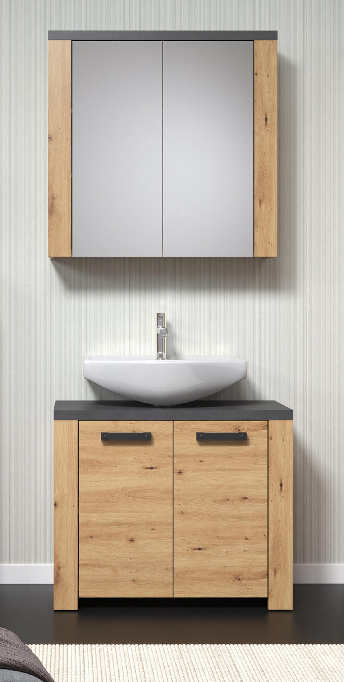 WASCHBECKENUNTERSCHRANK Eiche Artisan, grau 79 x 67 cm, Badezimmer Unterschrank 2-türig - Eichefarben/Schwarz, Holzwerkstoff/Kunststoff (35/67/79cm) - Top.Furn