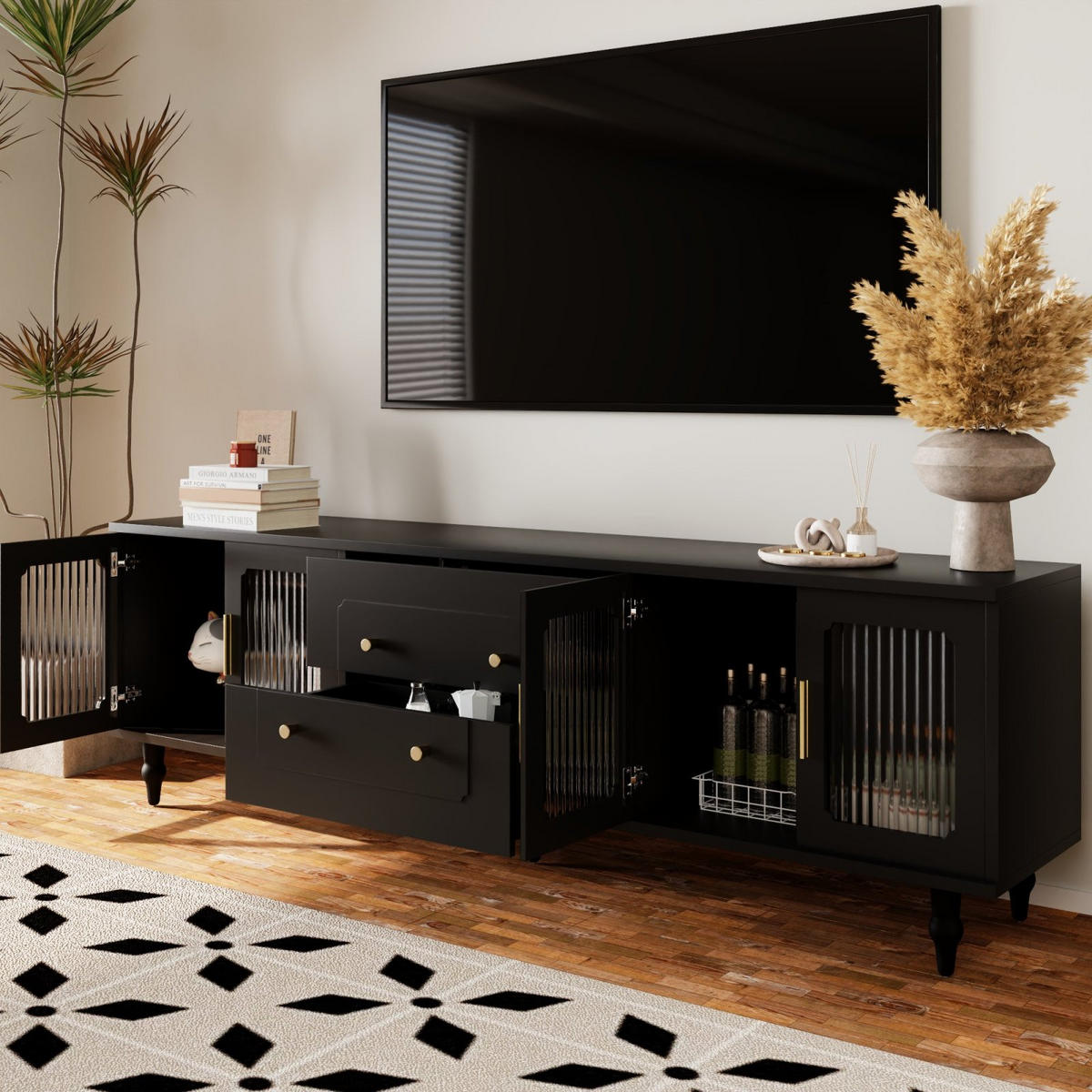 TV-LOWBOARD 175 cm Schwarz mit Türen, Goldgriffen und Massivholzbeinen - Schwarz, Holz (175/55/38cm) - PARAFTA HOME