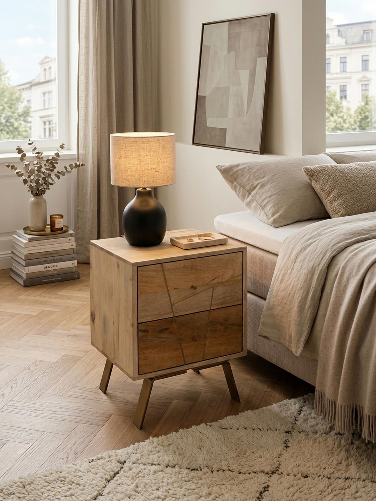 NACHTTISCH – Mango Massivholz, Metallstreifen, rustikal, Farbverlauf - Goldfarben/Braun, Holz/Metall (40/56/40cm) - KADIMA DESIGN