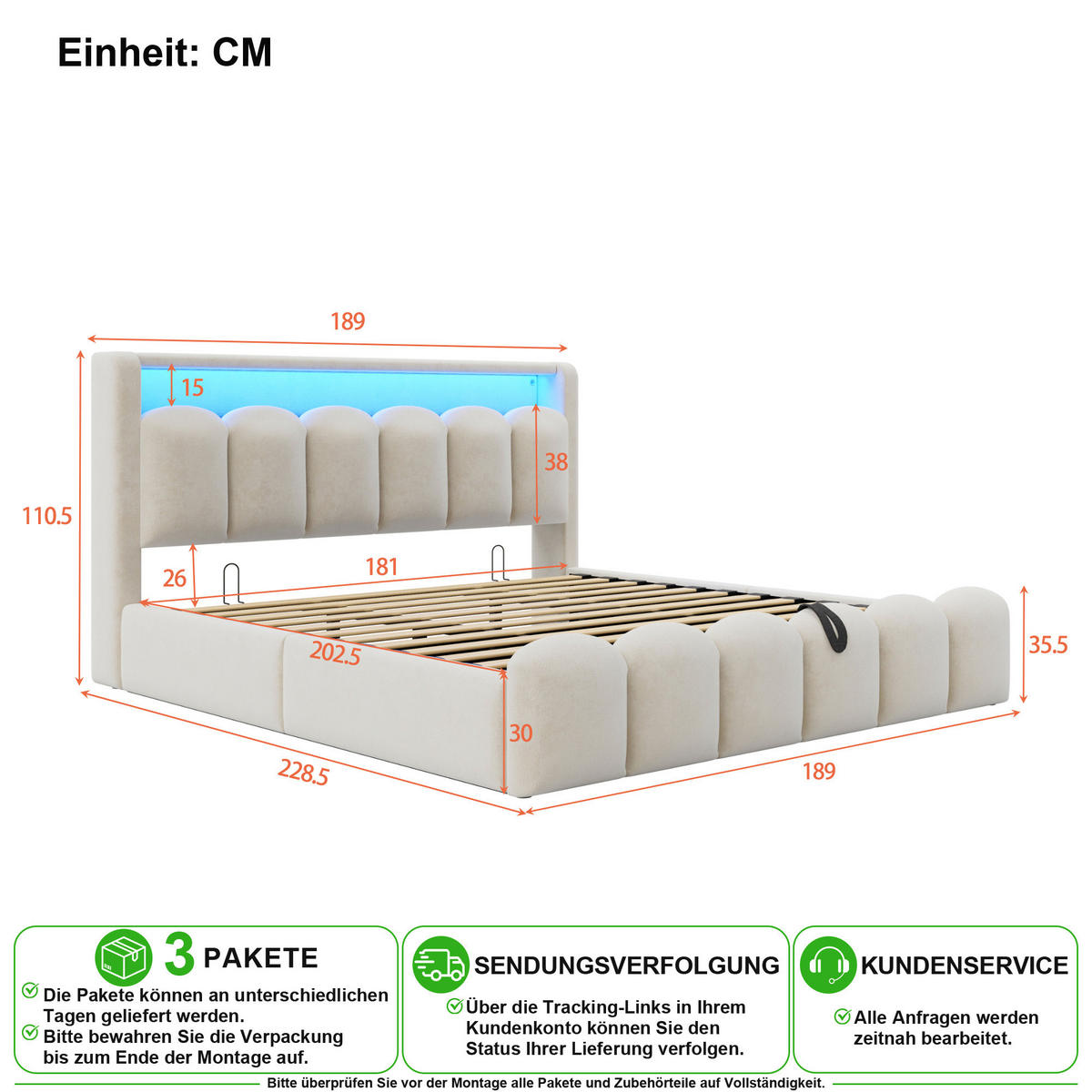 POLSTERBETT 180/200 cm in Beige Samt mit Bettkasten, Kopfteil-Stauraum, LED, USB und Type-C - Beige, Holzwerkstoff/Textil (180/200cm) - CHICFURN
