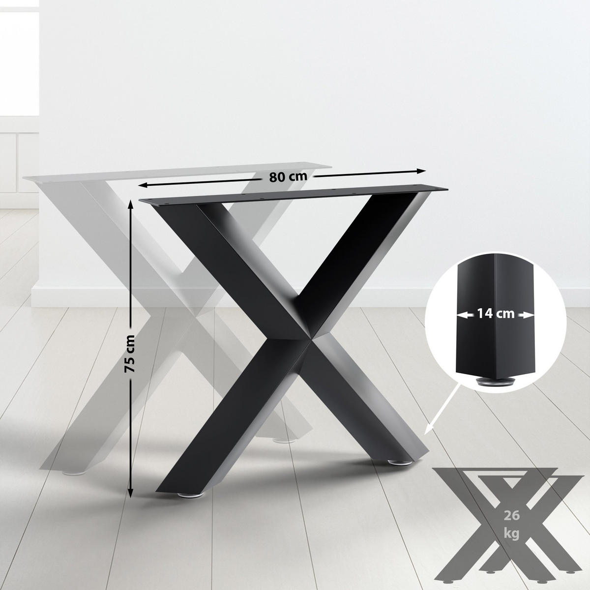 TISCHBEIN eckig 80/14/75 cm Metall schwarz - Schwarz, Metall (80/75/14cm) - CLP