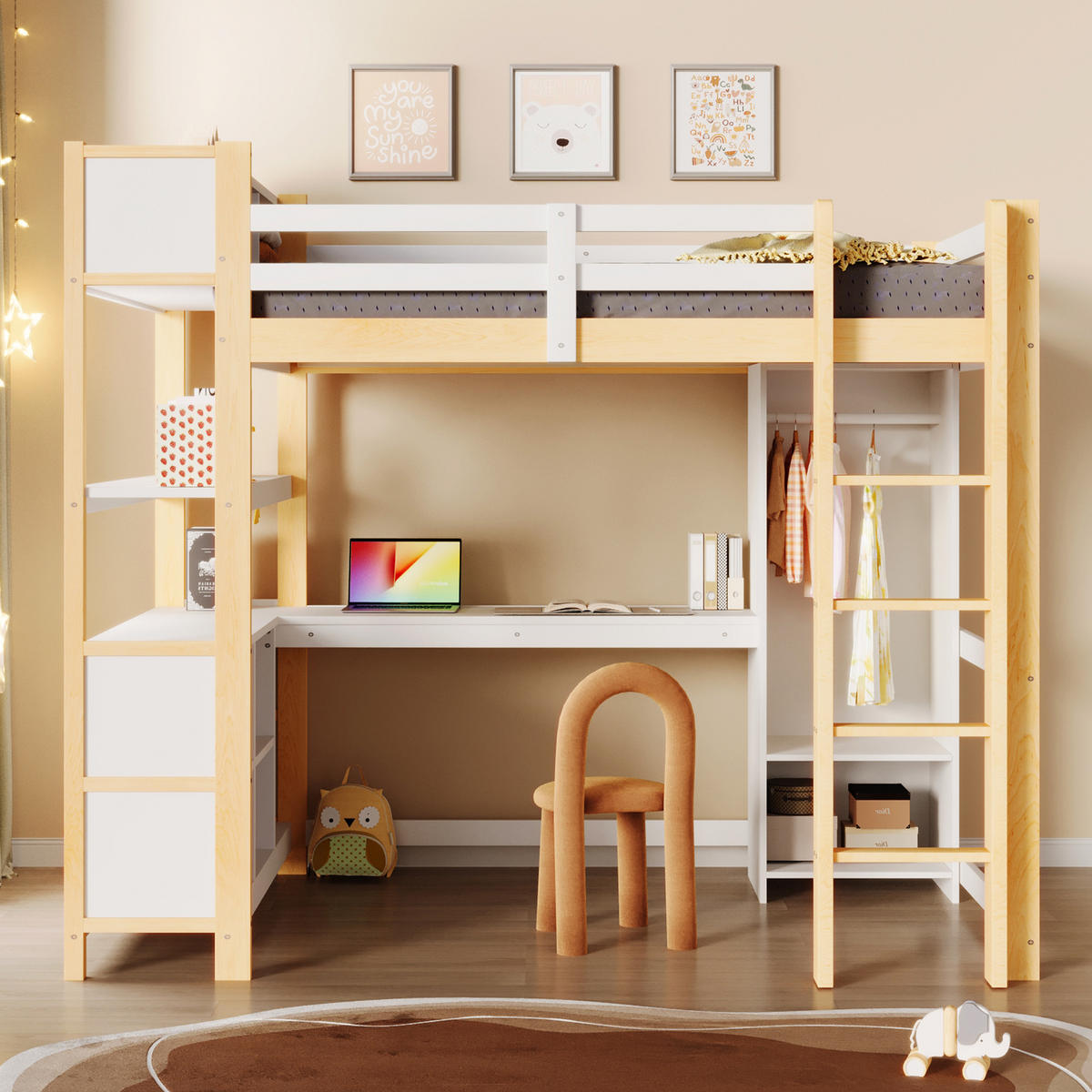 HOCHBETT 140/200 cm DE-04492, mit Schreibtisch, Kleiderschrank und Regalen in Natur - Naturfarben/Weiß, Holz/Holzwerkstoff (140/200cm) - ComfortXL
