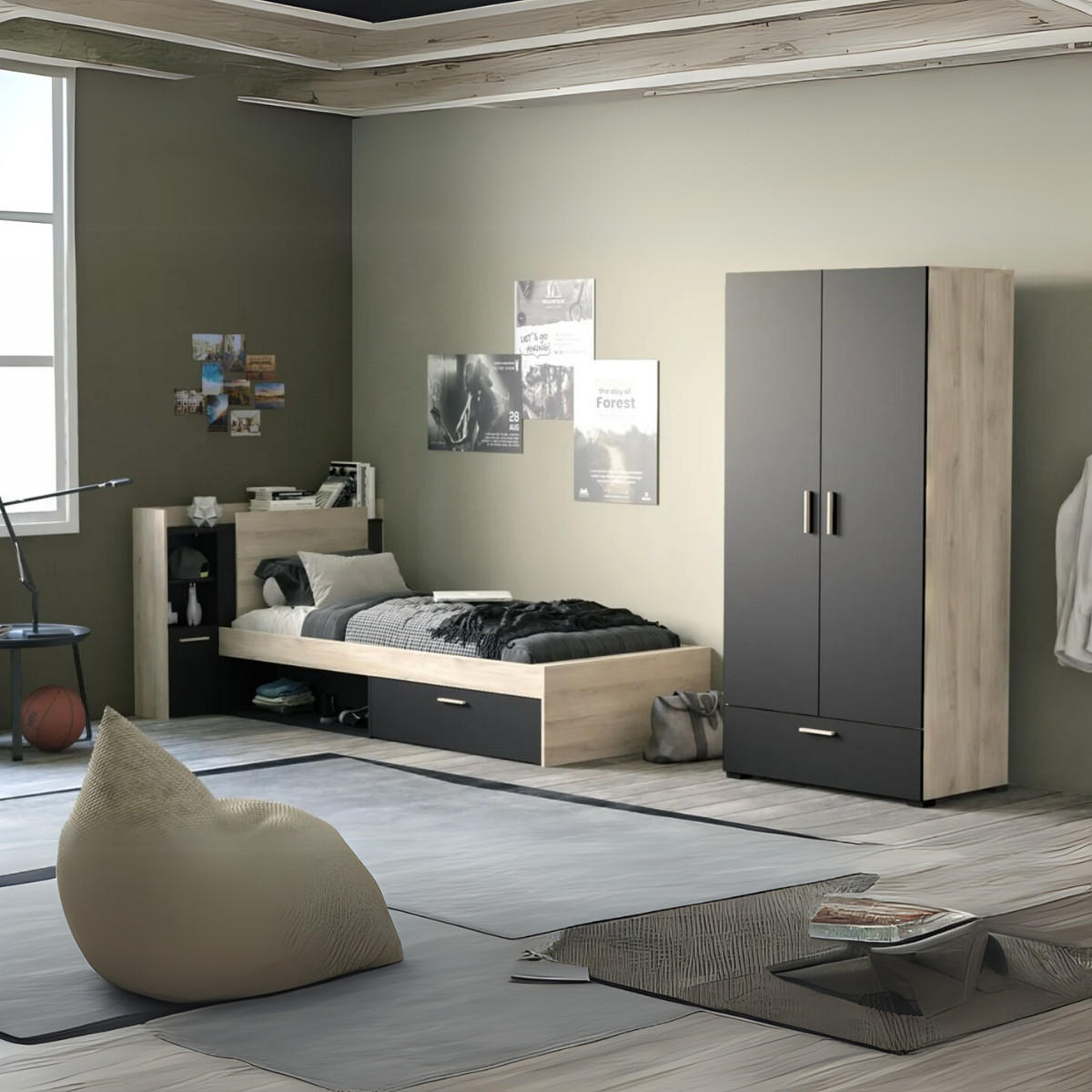 BETT in 90x190/200 cm 1 Schublade und 1 Nische - L124,5 cm - Eichefarben/Schwarz, Holzwerkstoff (190/90cm) - Calicosy