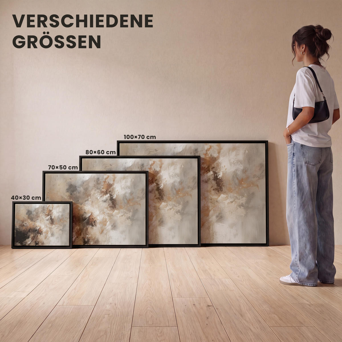 LEINWAND Bilder mit Rahmen - Farbe - Abstrakt - Beige - Kunst - 70x50 - Greige, Textil (70/50cm) - MuchoWow