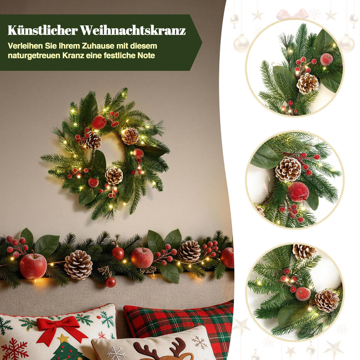 RUSTIKALER Weihnachtskranz Ø40cm mit Äpfeln, LEDs,Timerfunktion - Dunkelgrün, Naturmaterialien (40cm) - Hometopia