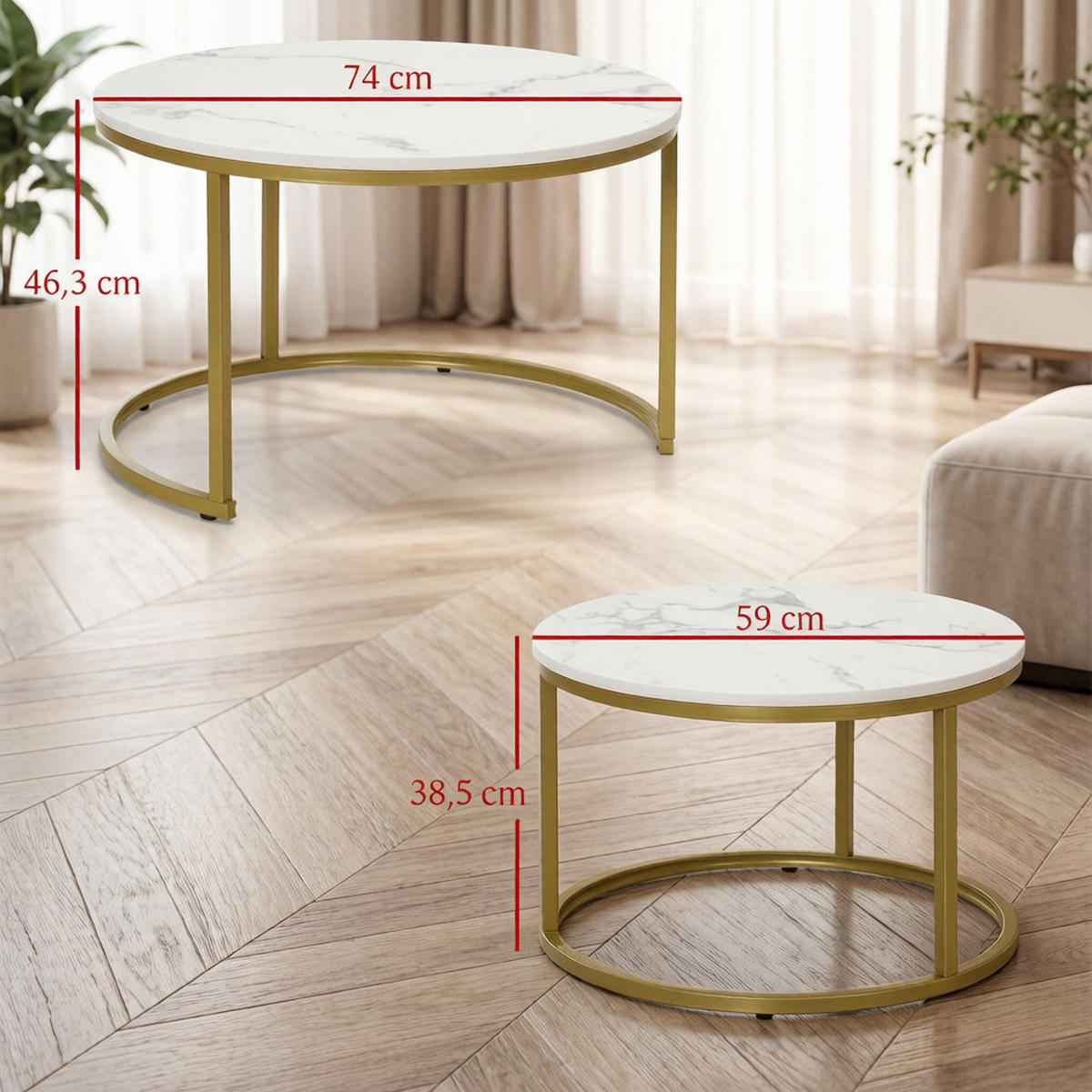 COUCHTISCH-SET 2-teilig Weiß/Gold Marmoroptik rund - Goldfarben/Weiß, Holzwerkstoff/Metall (74/74/46.3cm)